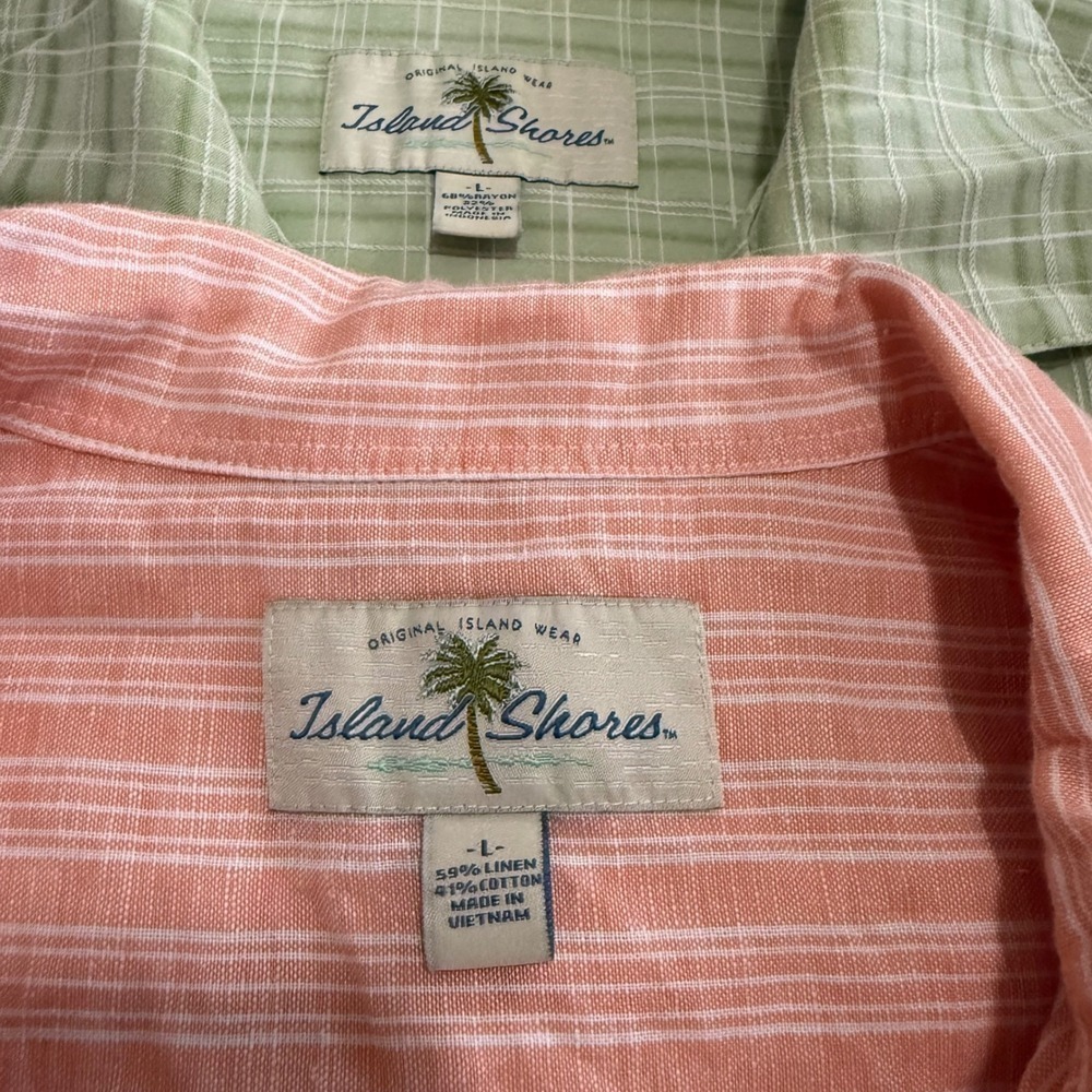 Lot 2 bundle Island Shores Mens L short sleeve Linen‎ Blend Shirts plaid stripes - Picture 3 of 7